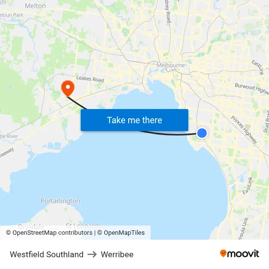 Westfield Southland to Werribee map