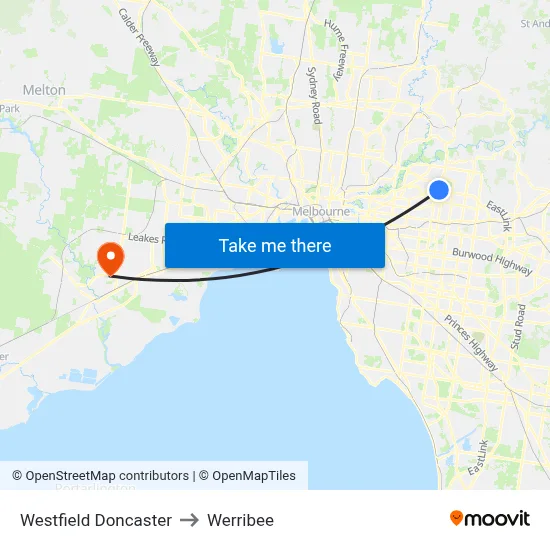 Westfield Doncaster to Werribee map