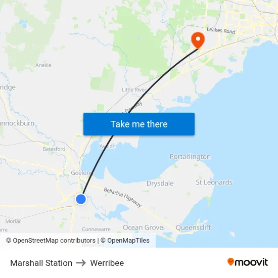 Marshall Station to Werribee map
