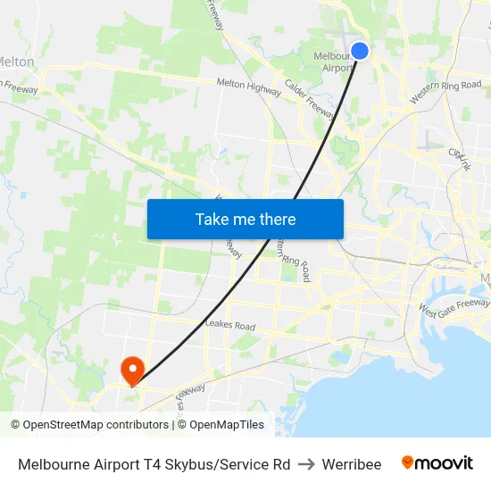 Melbourne Airport T4 Skybus/Service Rd to Werribee map
