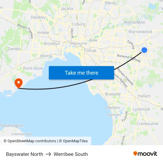 Bayswater North to Werribee South map
