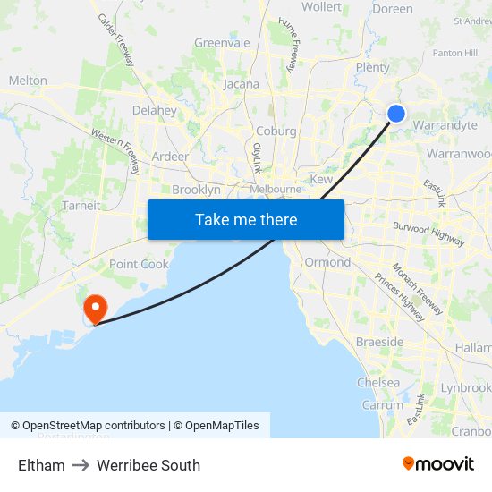 Eltham to Werribee South map