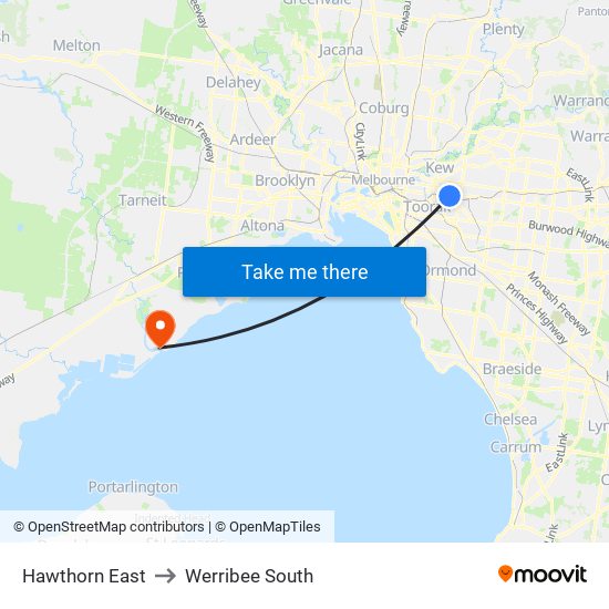 Hawthorn East to Werribee South map