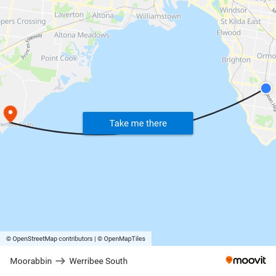 Moorabbin to Werribee South map
