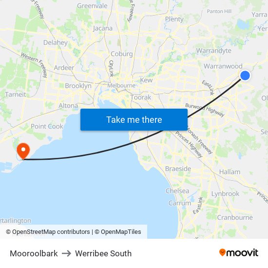Mooroolbark to Werribee South map