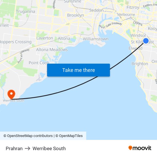 Prahran to Werribee South map