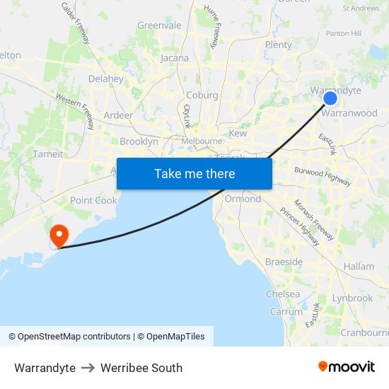 Warrandyte to Werribee South map