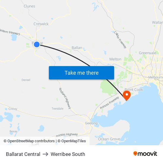 Ballarat Central to Werribee South map