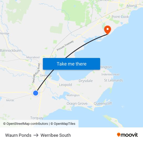 Waurn Ponds to Werribee South map