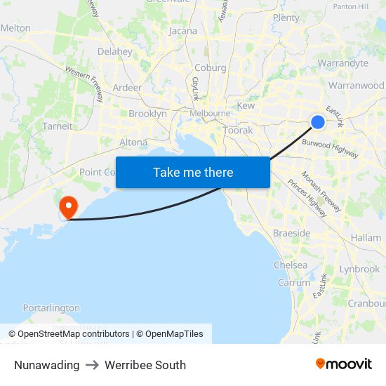 Nunawading to Werribee South map