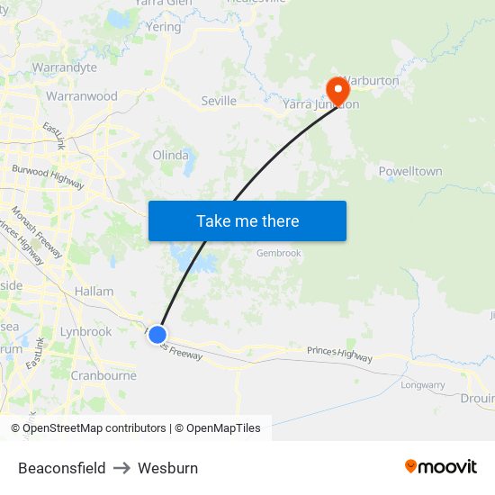 Beaconsfield to Wesburn map