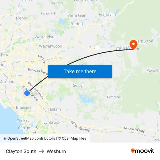 Clayton South to Wesburn map