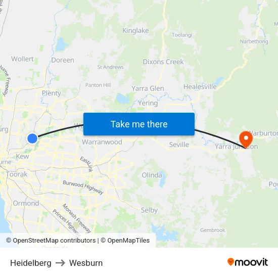 Heidelberg to Wesburn map