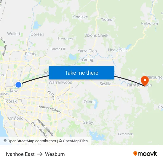 Ivanhoe East to Wesburn map