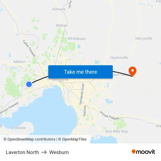Laverton North to Wesburn map