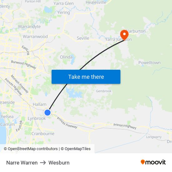 Narre Warren to Wesburn map