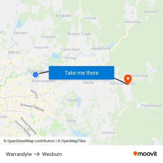 Warrandyte to Wesburn map