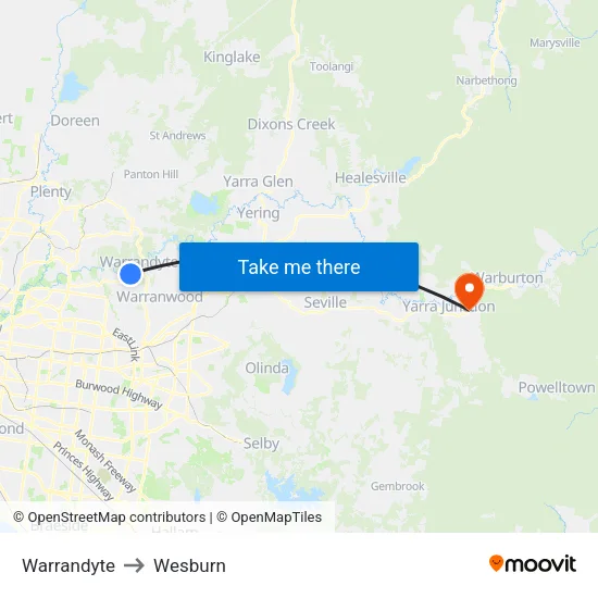 Warrandyte to Wesburn map