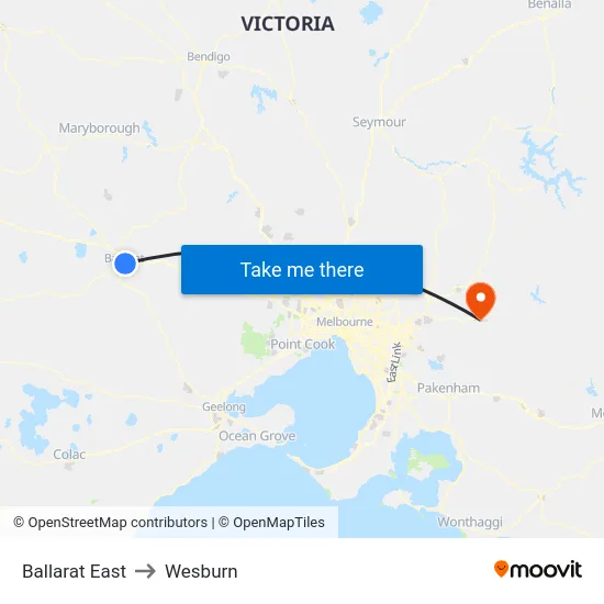 Ballarat East to Wesburn map