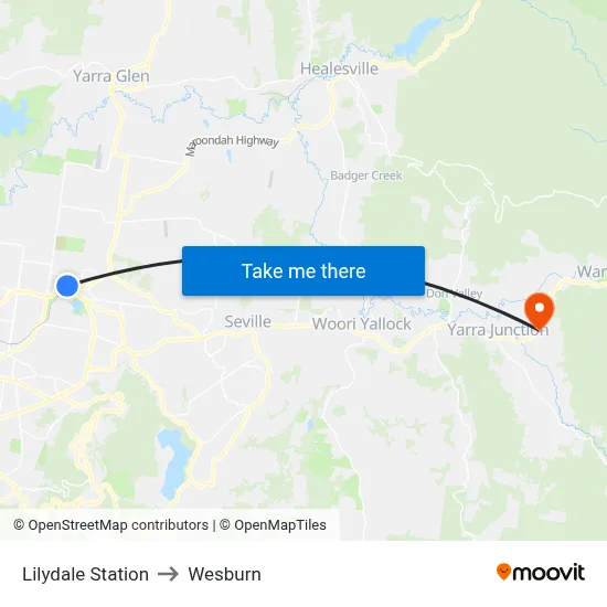 Lilydale Station to Wesburn map