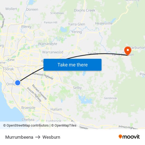 Murrumbeena to Wesburn map