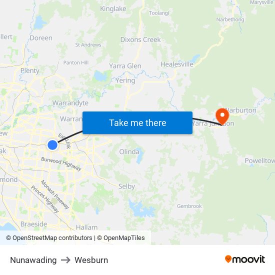 Nunawading to Wesburn map