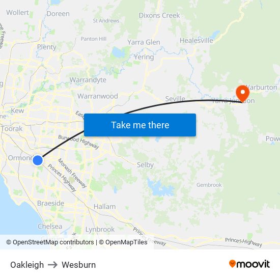 Oakleigh to Wesburn map