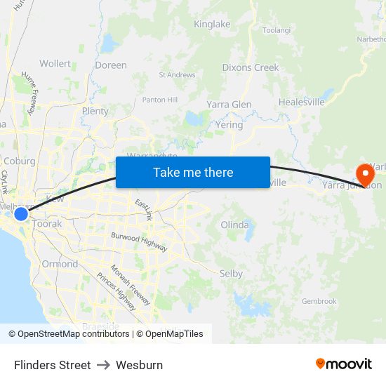 Flinders Street to Wesburn map