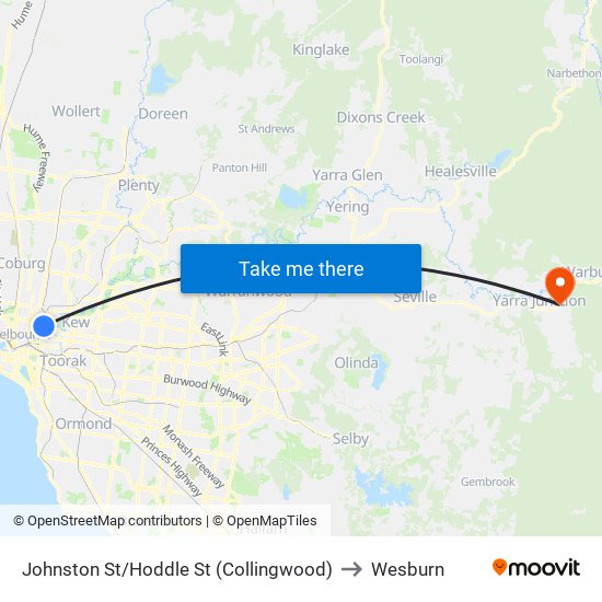 Johnston St/Hoddle St (Collingwood) to Wesburn map