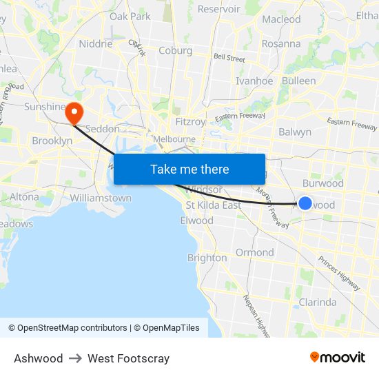 Ashwood to West Footscray map