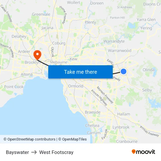Bayswater to West Footscray map