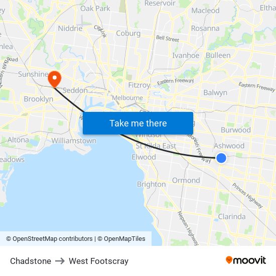 Chadstone to West Footscray map