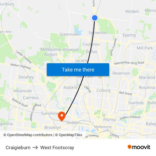 Craigieburn to West Footscray map