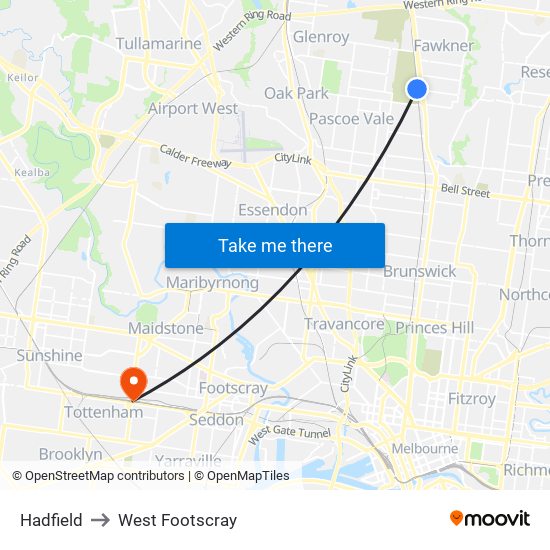 Hadfield to West Footscray map