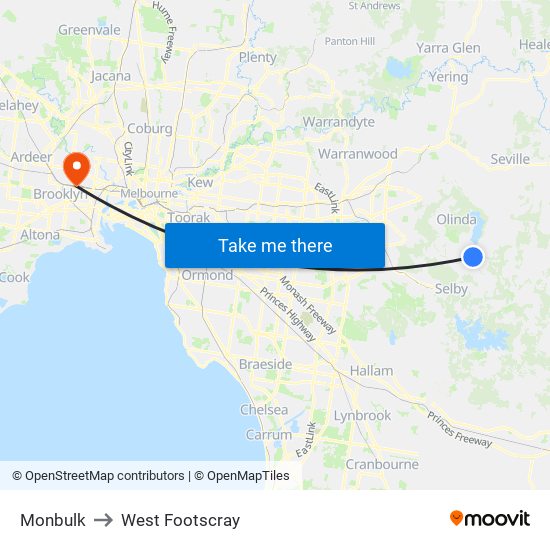 Monbulk to West Footscray map