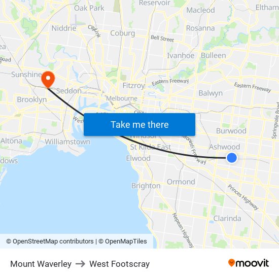 Mount Waverley to West Footscray map