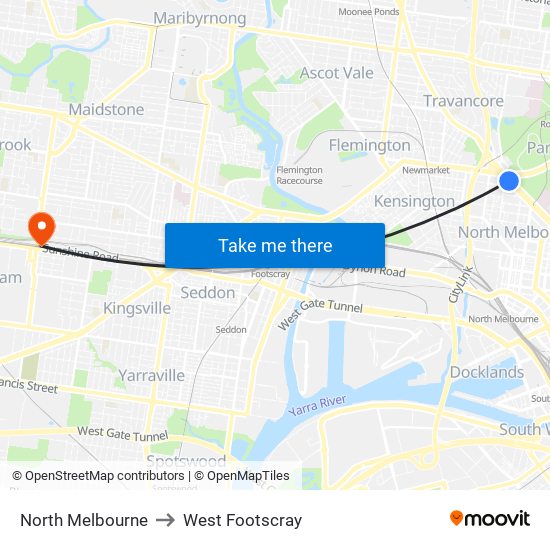 North Melbourne to West Footscray map