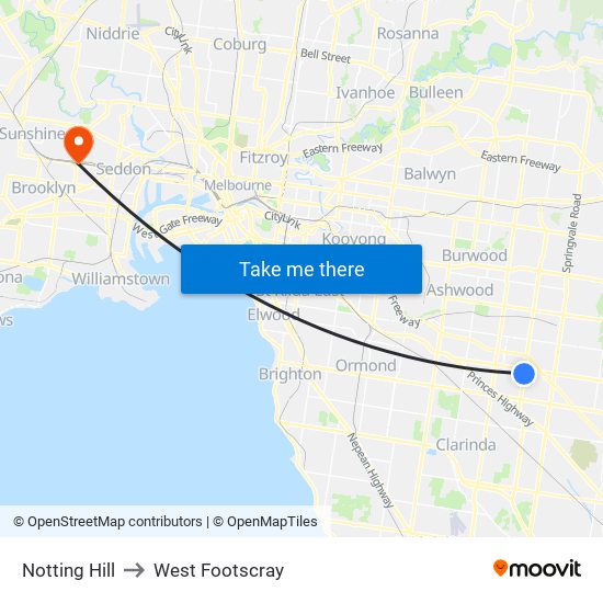 Notting Hill to West Footscray map