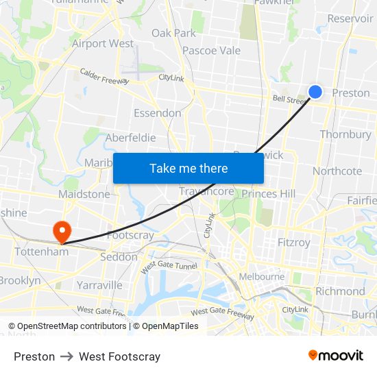 Preston to West Footscray map