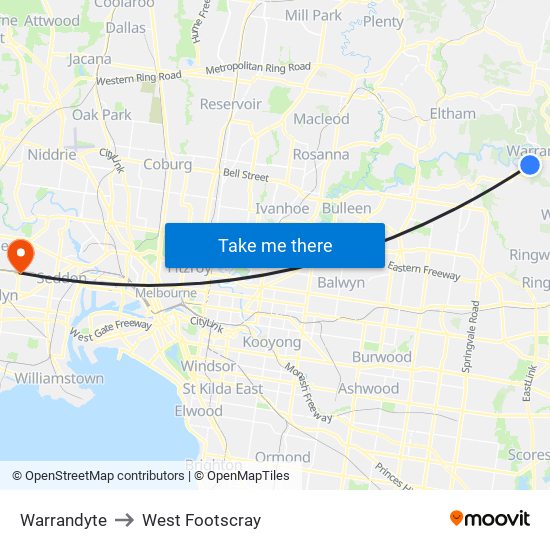 Warrandyte to West Footscray map