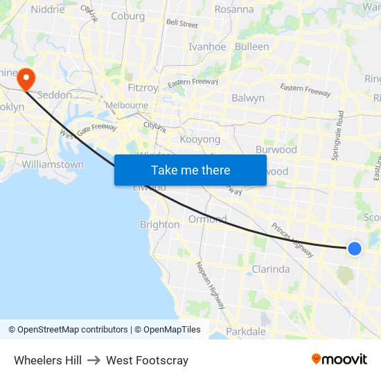 Wheelers Hill to West Footscray map