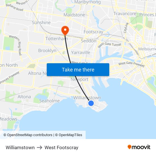 Williamstown to West Footscray map