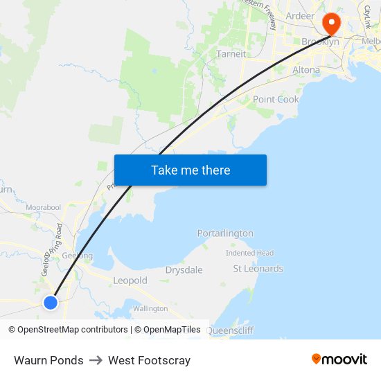 Waurn Ponds to West Footscray map