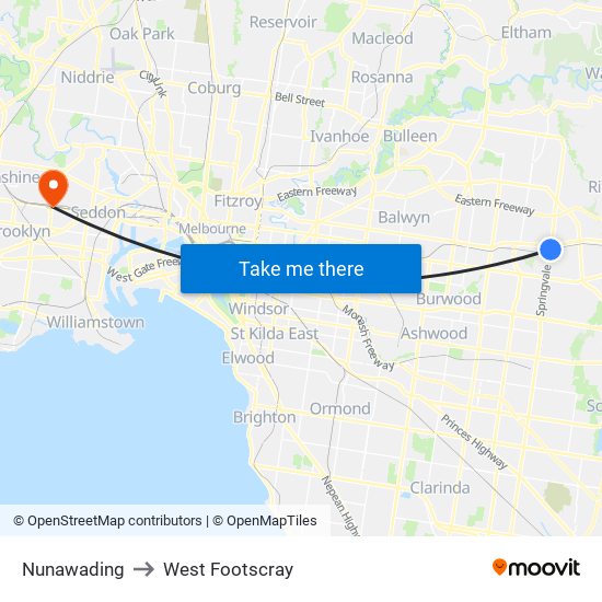 Nunawading to West Footscray map