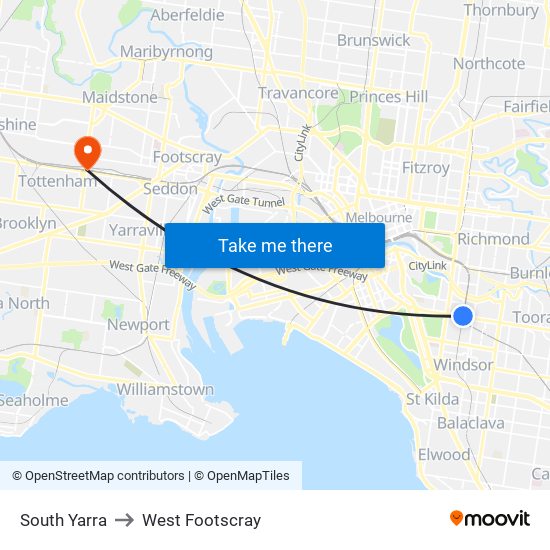South Yarra to West Footscray map