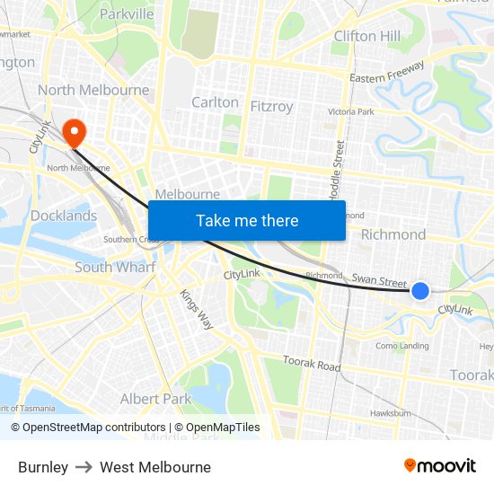 Burnley to West Melbourne map