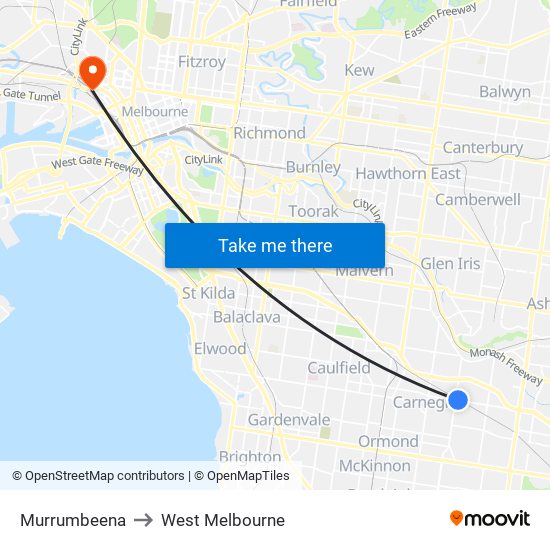 Murrumbeena to West Melbourne map