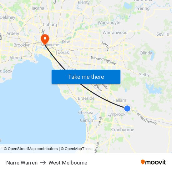 Narre Warren to West Melbourne map