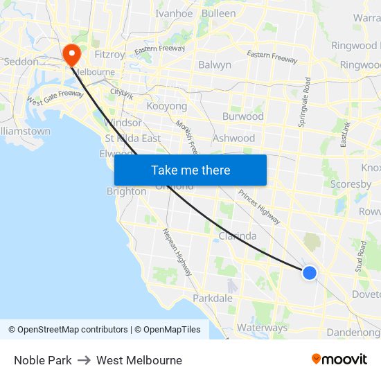 Noble Park to West Melbourne map