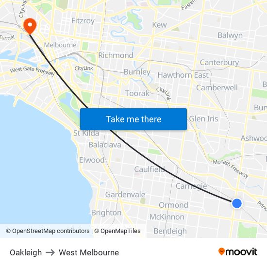 Oakleigh to West Melbourne map